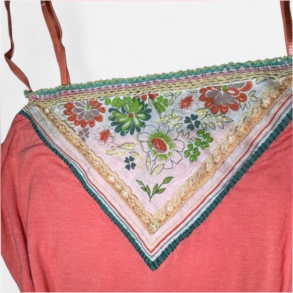 Y2K Free People Coral Tank Top with Floral Detail - Picture 7 of 7